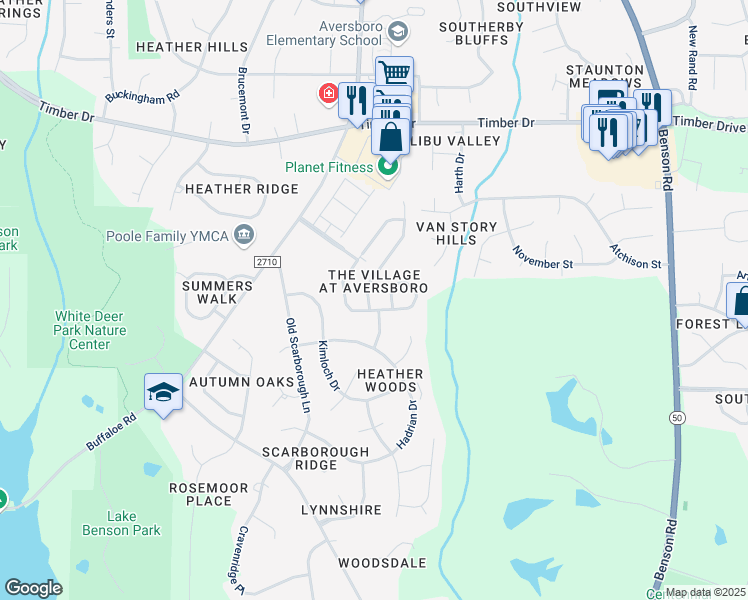 map of restaurants, bars, coffee shops, grocery stores, and more near 269 Shady Hollow Lane in Garner