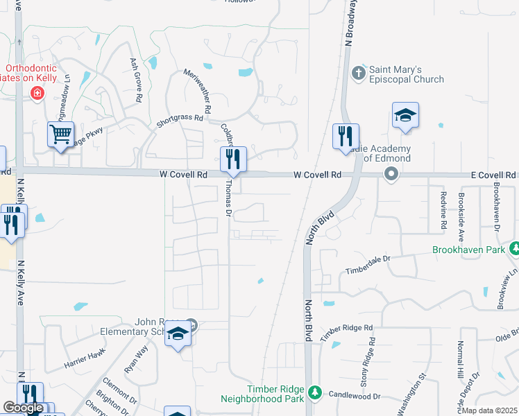 map of restaurants, bars, coffee shops, grocery stores, and more near 2700 Thomas Drive in Edmond