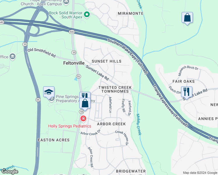 map of restaurants, bars, coffee shops, grocery stores, and more near 114 Florians Drive in Holly Springs