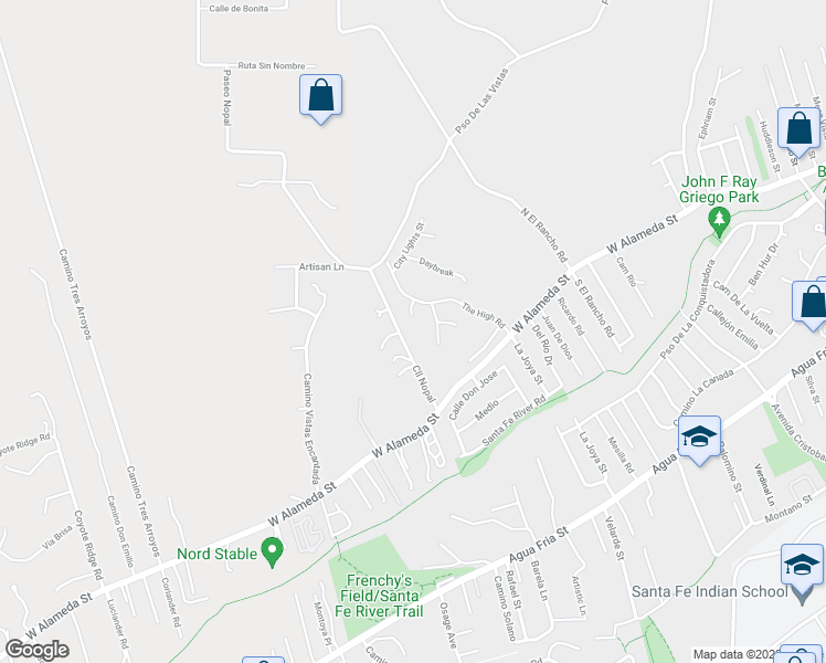 map of restaurants, bars, coffee shops, grocery stores, and more near 1704 Watchpoint in Santa Fe
