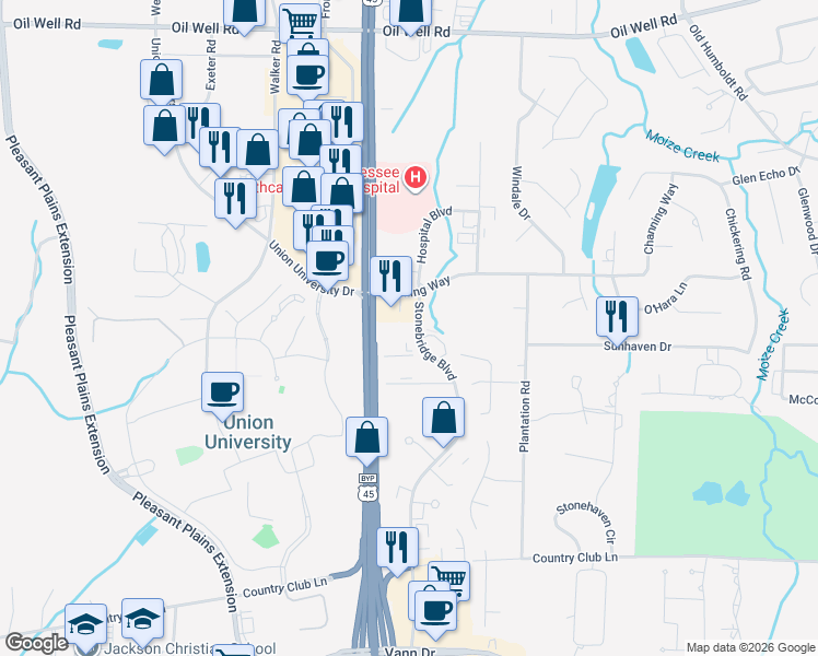map of restaurants, bars, coffee shops, grocery stores, and more near 16 Ferguson Drive in Jackson