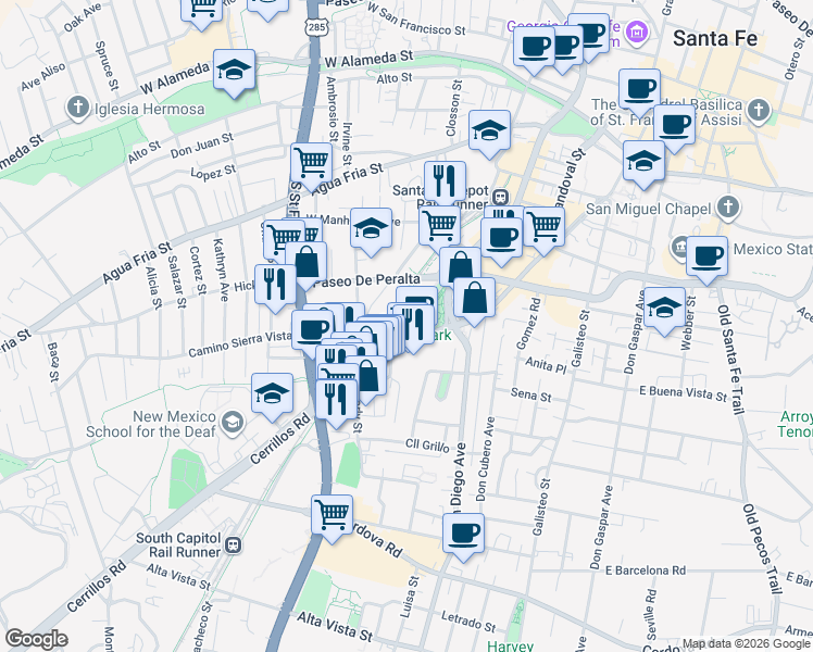 map of restaurants, bars, coffee shops, grocery stores, and more near 740 Cerrillos Road in Santa Fe
