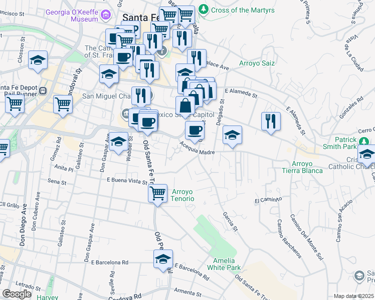 map of restaurants, bars, coffee shops, grocery stores, and more near 444 Acequia Madre in Santa Fe