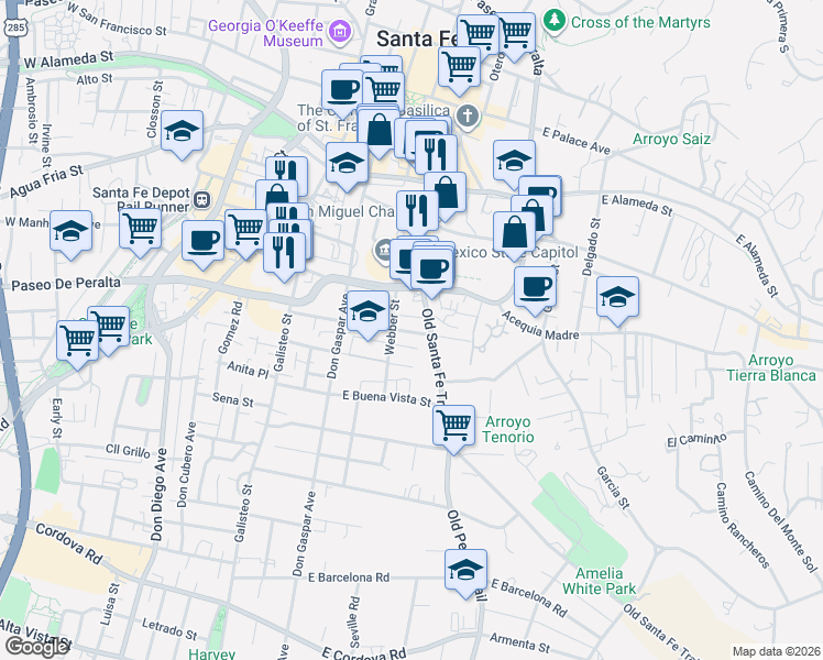 map of restaurants, bars, coffee shops, grocery stores, and more near 203 East Santa Fe Avenue in Santa Fe