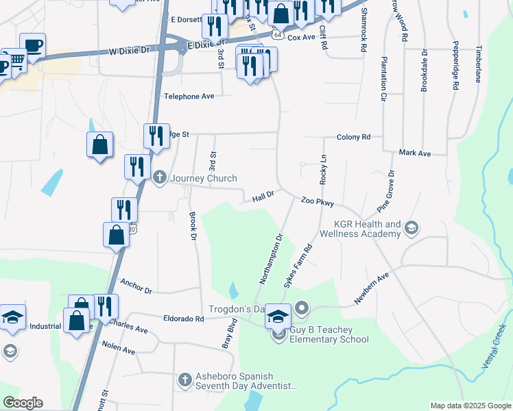 map of restaurants, bars, coffee shops, grocery stores, and more near 317 Hall Drive in Asheboro