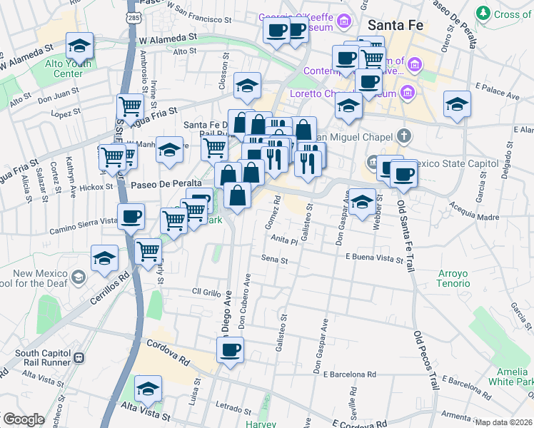 map of restaurants, bars, coffee shops, grocery stores, and more near 319 West Gomez Road in Santa Fe