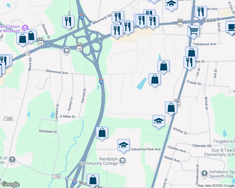 map of restaurants, bars, coffee shops, grocery stores, and more near 1905 Dennis Street in Asheboro