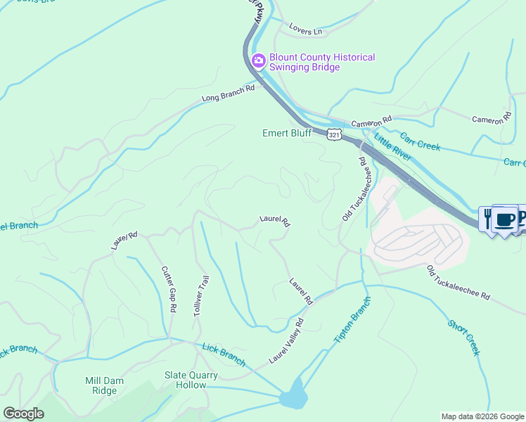 map of restaurants, bars, coffee shops, grocery stores, and more near 1040 Laurel Road in Townsend