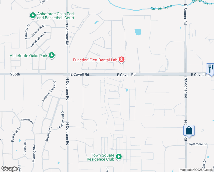 map of restaurants, bars, coffee shops, grocery stores, and more near 2533 Piedmont Court in Edmond
