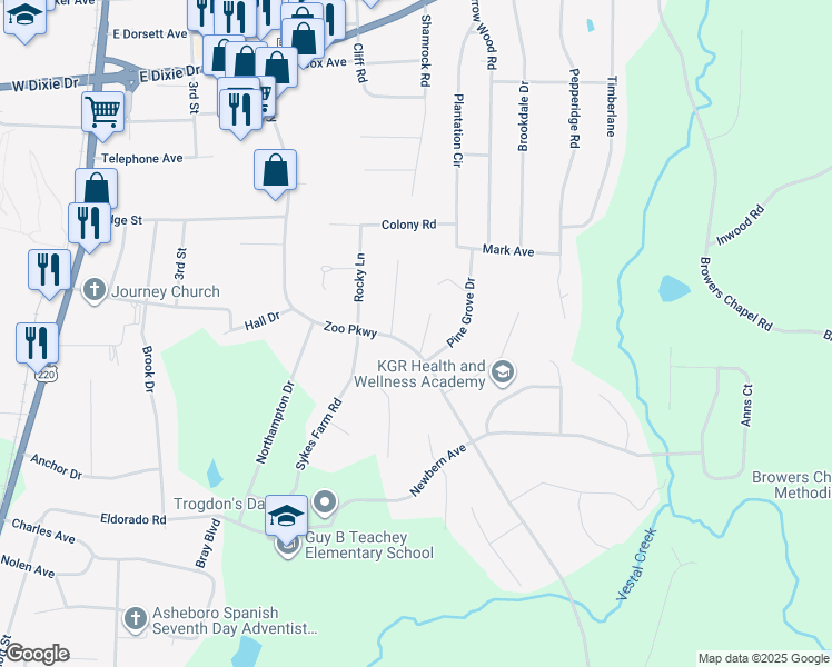 map of restaurants, bars, coffee shops, grocery stores, and more near 1911 Zoo Parkway in Asheboro