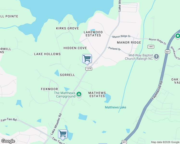 map of restaurants, bars, coffee shops, grocery stores, and more near 7325 Lake Wheeler Road in Raleigh
