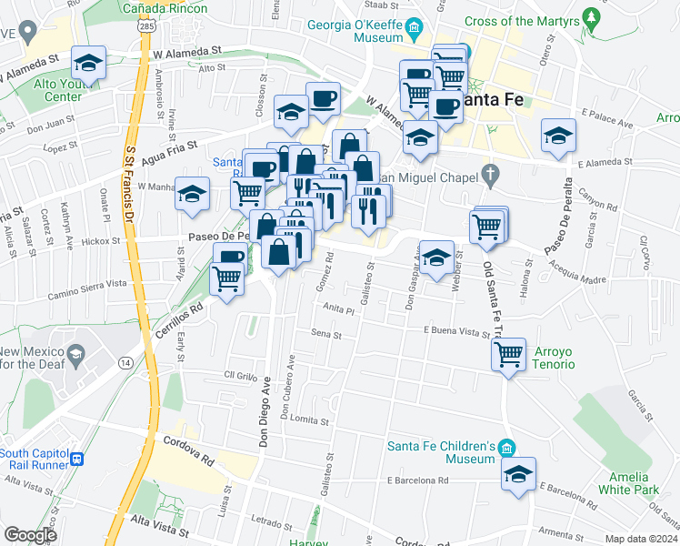 map of restaurants, bars, coffee shops, grocery stores, and more near 619 Gomez Road in Santa Fe