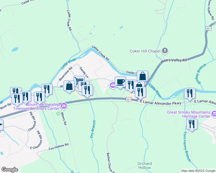 map of restaurants, bars, coffee shops, grocery stores, and more near 8034 West Old Highway 73 in Townsend