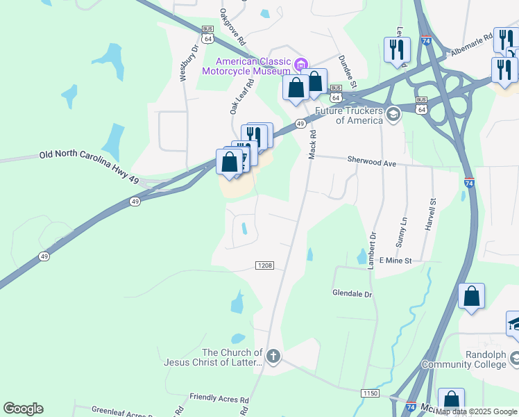 map of restaurants, bars, coffee shops, grocery stores, and more near 461 Oak Leaf Road in Asheboro