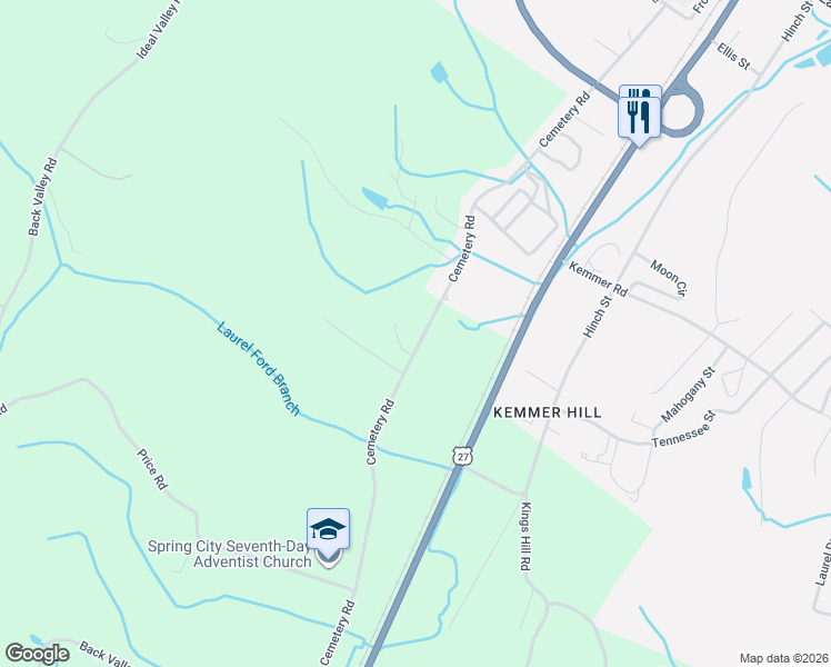 map of restaurants, bars, coffee shops, grocery stores, and more near 1000 Cemetery Road in Spring City