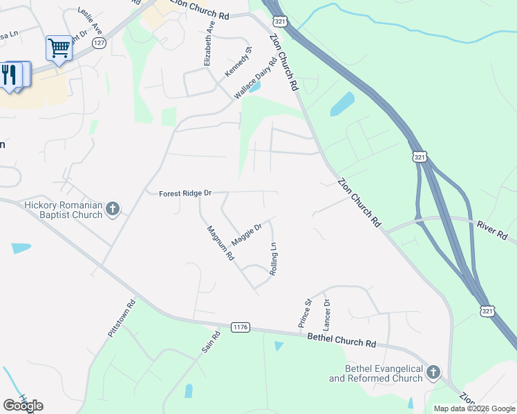 map of restaurants, bars, coffee shops, grocery stores, and more near 4899 Forest Ridge Drive in Hickory