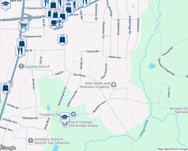 map of restaurants, bars, coffee shops, grocery stores, and more near 1911 Zoo Parkway in Asheboro
