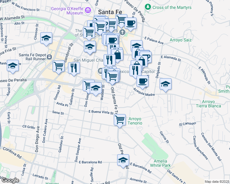 map of restaurants, bars, coffee shops, grocery stores, and more near 533 Old Santa Fe Trail in Santa Fe
