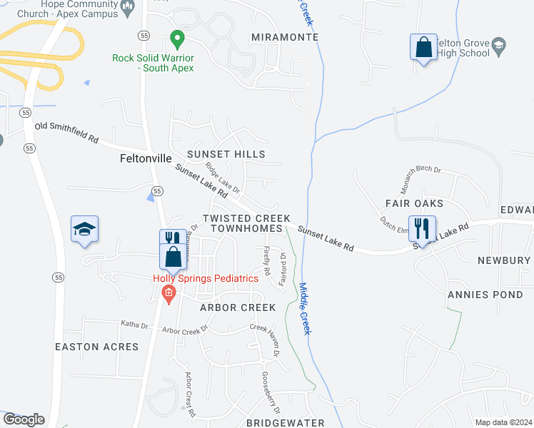map of restaurants, bars, coffee shops, grocery stores, and more near 114 Ridge Lake Drive in Apex