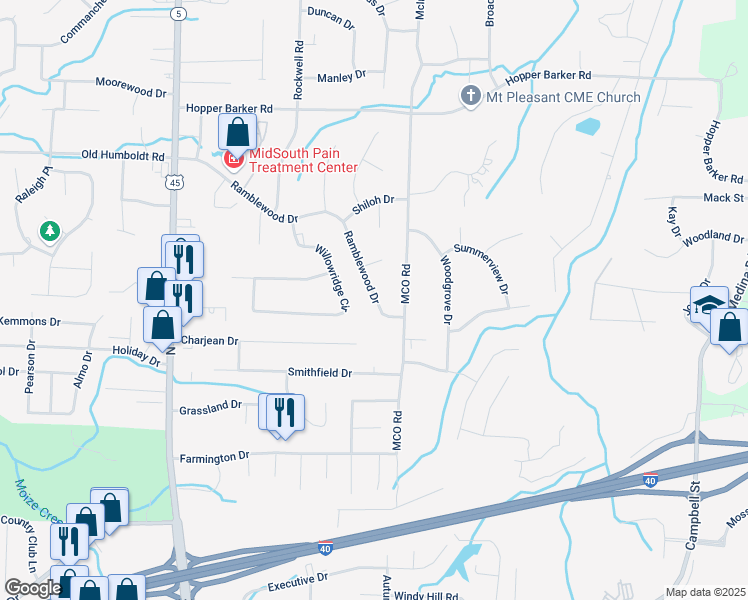 map of restaurants, bars, coffee shops, grocery stores, and more near 274 Ramblewood Drive in Jackson