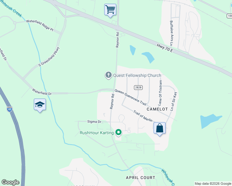 map of restaurants, bars, coffee shops, grocery stores, and more near 100 Queen Guenevere Trail in Garner