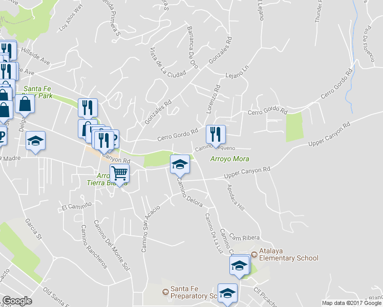 map of restaurants, bars, coffee shops, grocery stores, and more near 1704 East Alameda Street in Santa Fe