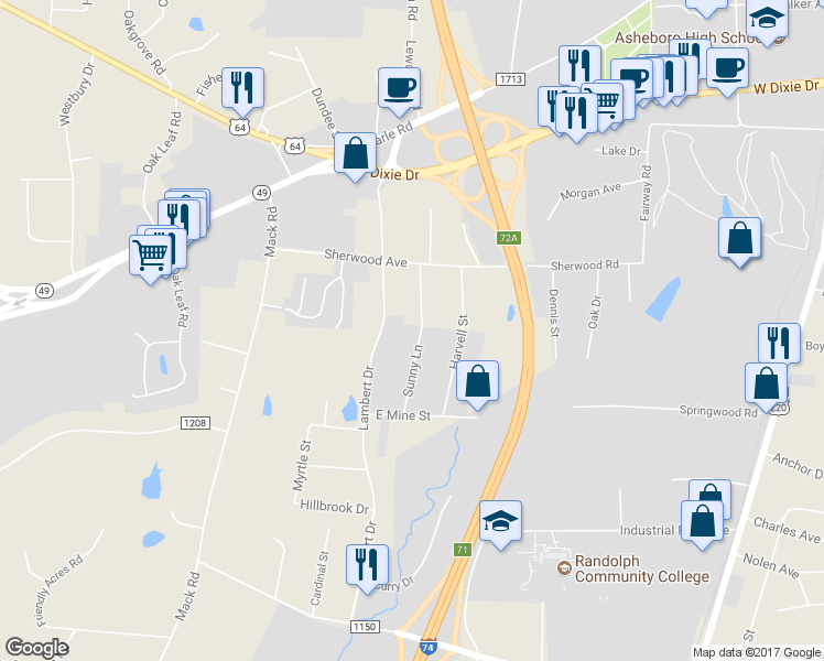 map of restaurants, bars, coffee shops, grocery stores, and more near 1918 Sunny Lane in Asheboro