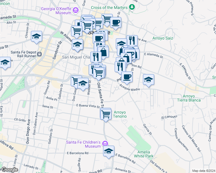 map of restaurants, bars, coffee shops, grocery stores, and more near 210 Halona Street in Santa Fe