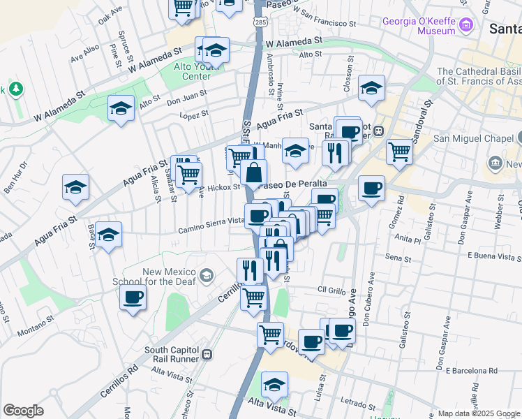 map of restaurants, bars, coffee shops, grocery stores, and more near 705 South Saint Francis Drive in Santa Fe