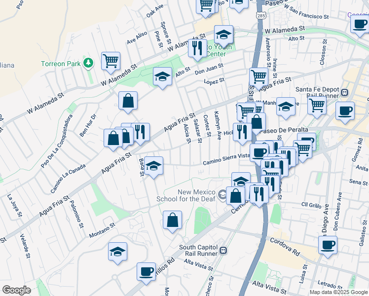 map of restaurants, bars, coffee shops, grocery stores, and more near 603 Alicia Street in Santa Fe