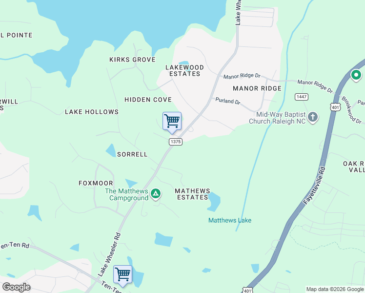 map of restaurants, bars, coffee shops, grocery stores, and more near 7325 Lake Wheeler Road in Raleigh