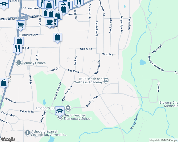 map of restaurants, bars, coffee shops, grocery stores, and more near 1828 Pine Grove Drive in Asheboro
