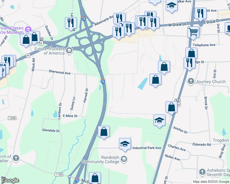 map of restaurants, bars, coffee shops, grocery stores, and more near 1905 Dennis Street in Asheboro