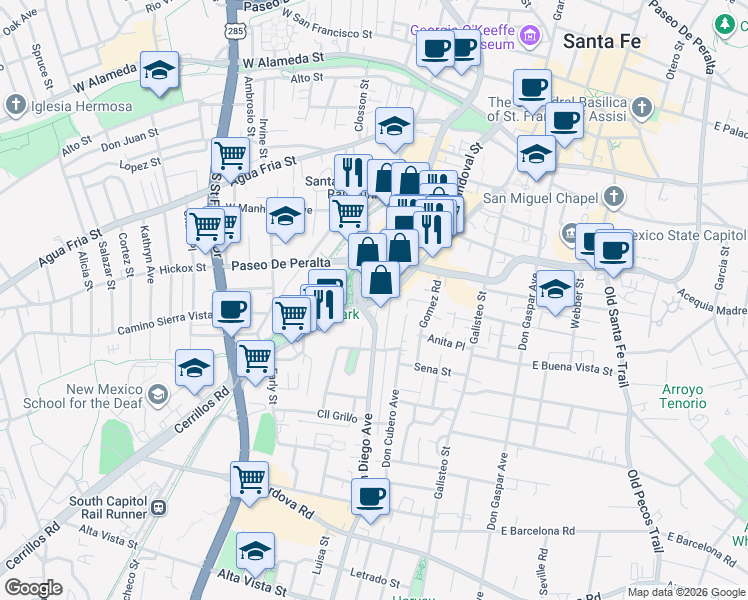 map of restaurants, bars, coffee shops, grocery stores, and more near 740 Cerrillos Road in Santa Fe