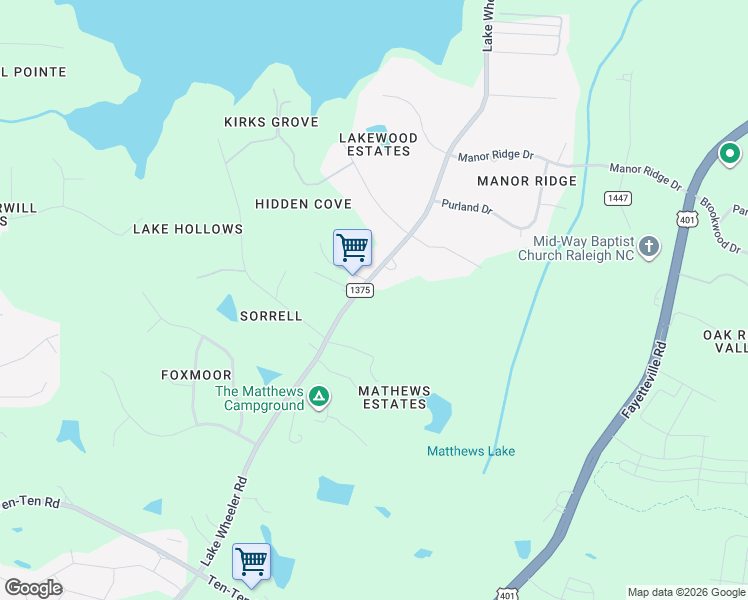 map of restaurants, bars, coffee shops, grocery stores, and more near 7325 Lake Wheeler Road in Raleigh