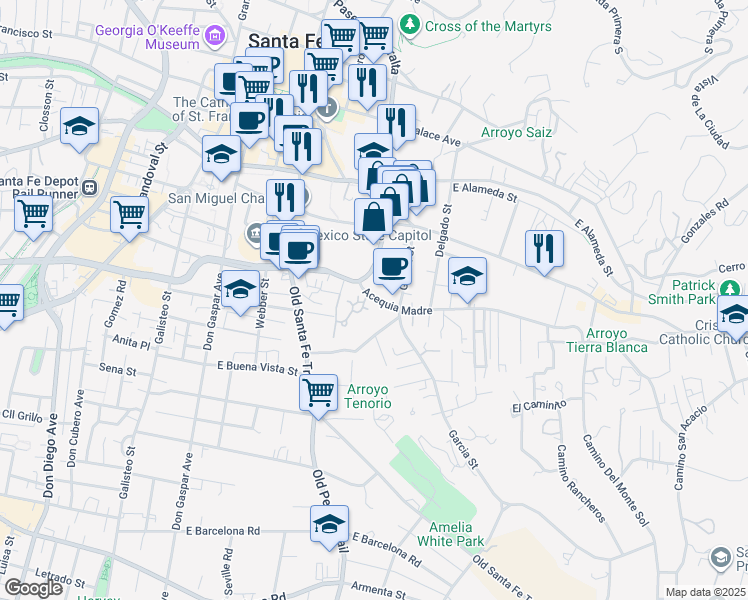 map of restaurants, bars, coffee shops, grocery stores, and more near 444 Acequia Madre in Santa Fe