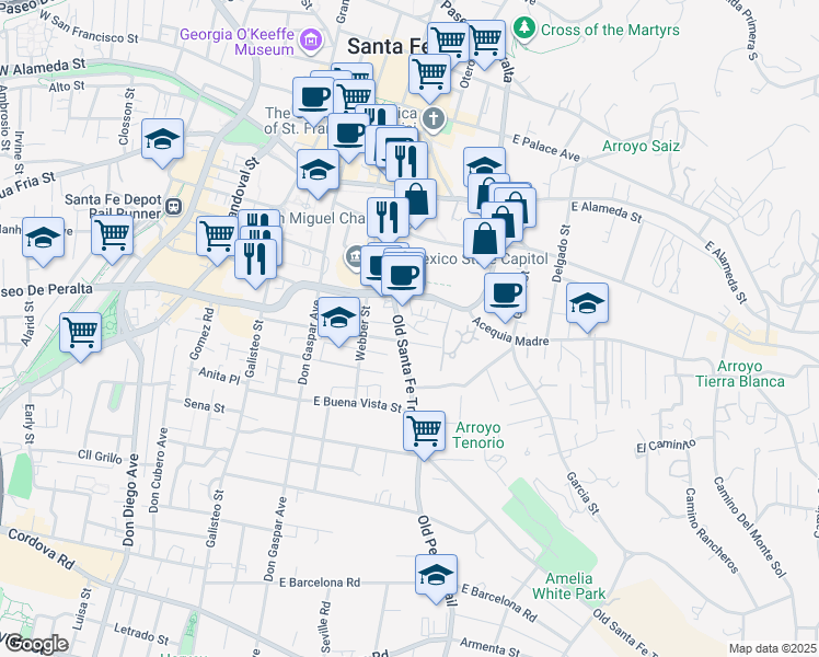 map of restaurants, bars, coffee shops, grocery stores, and more near 312 Pino Road in Santa Fe