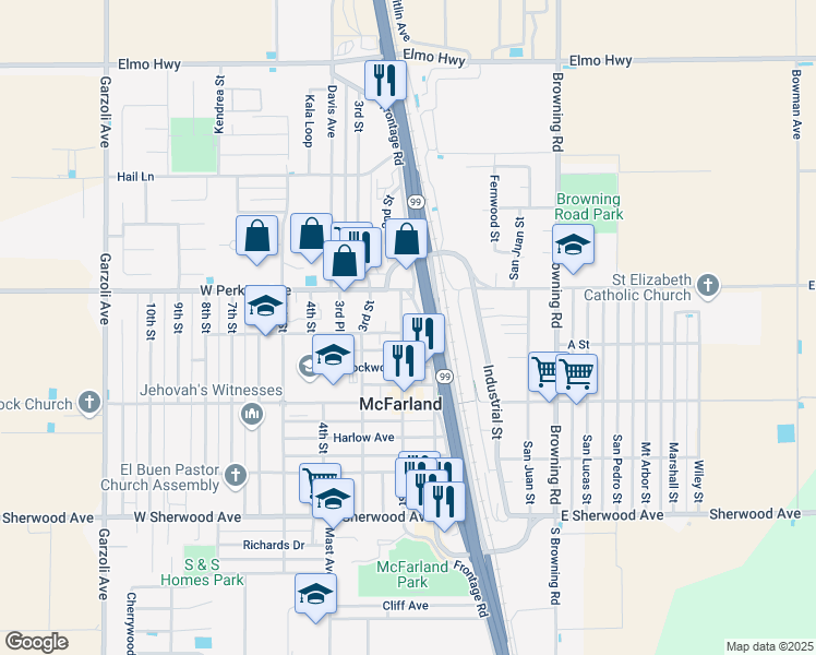 map of restaurants, bars, coffee shops, grocery stores, and more near 600 2nd Street in McFarland