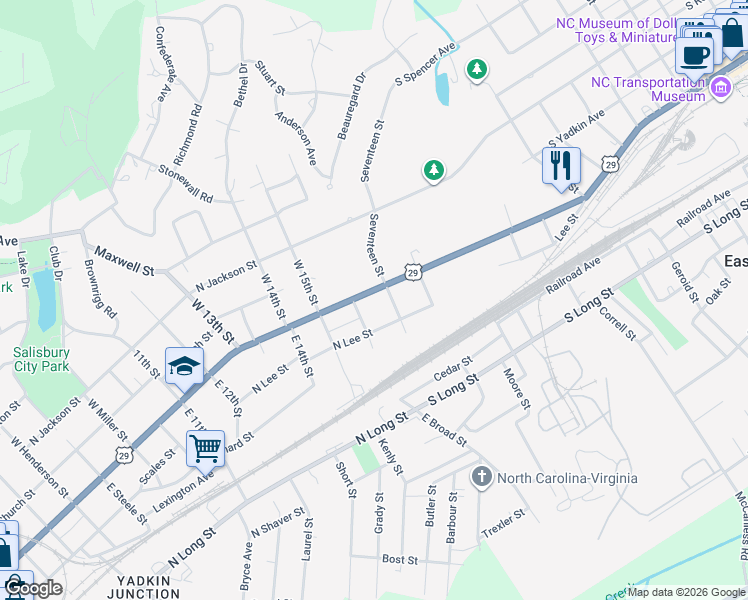 map of restaurants, bars, coffee shops, grocery stores, and more near 1711 North Main Street in Salisbury