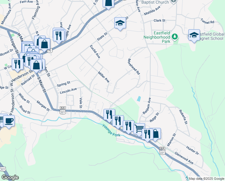 map of restaurants, bars, coffee shops, grocery stores, and more near 449 Miller Avenue in Marion