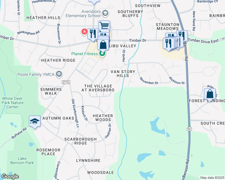 map of restaurants, bars, coffee shops, grocery stores, and more near 460 Easy Wind Lane in Garner