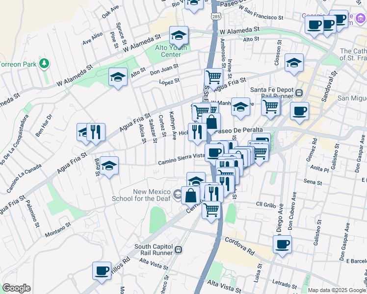 map of restaurants, bars, coffee shops, grocery stores, and more near 621 Franklin Avenue in Santa Fe