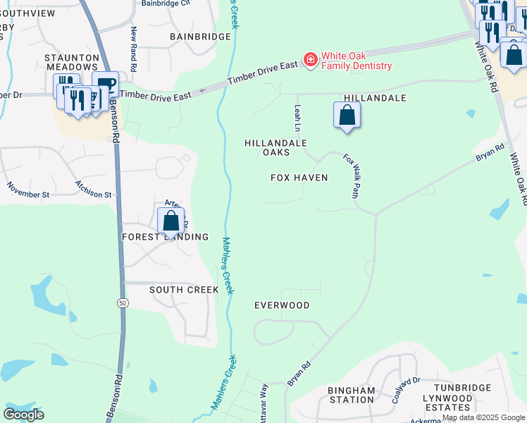 map of restaurants, bars, coffee shops, grocery stores, and more near 209 Fox Trap Court in Garner