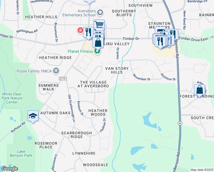 map of restaurants, bars, coffee shops, grocery stores, and more near 460 Easy Wind Lane in Garner
