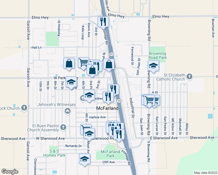 map of restaurants, bars, coffee shops, grocery stores, and more near 600 2nd Street in McFarland