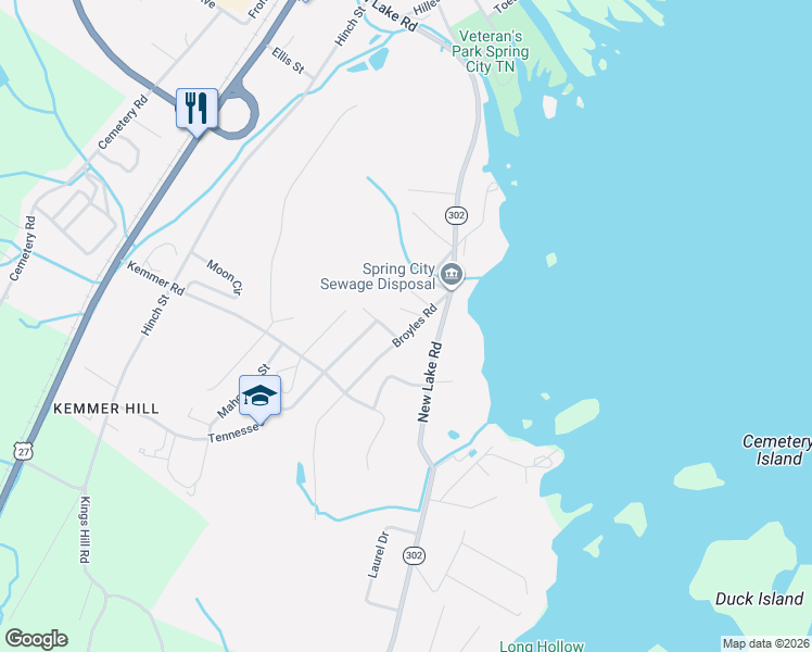 map of restaurants, bars, coffee shops, grocery stores, and more near 201 Broyles Road in Spring City
