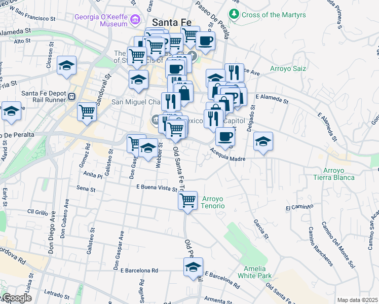 map of restaurants, bars, coffee shops, grocery stores, and more near 210 Halona Street in Santa Fe