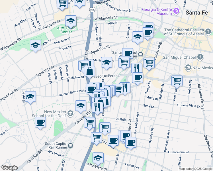 map of restaurants, bars, coffee shops, grocery stores, and more near 626 Alarid Street in Santa Fe