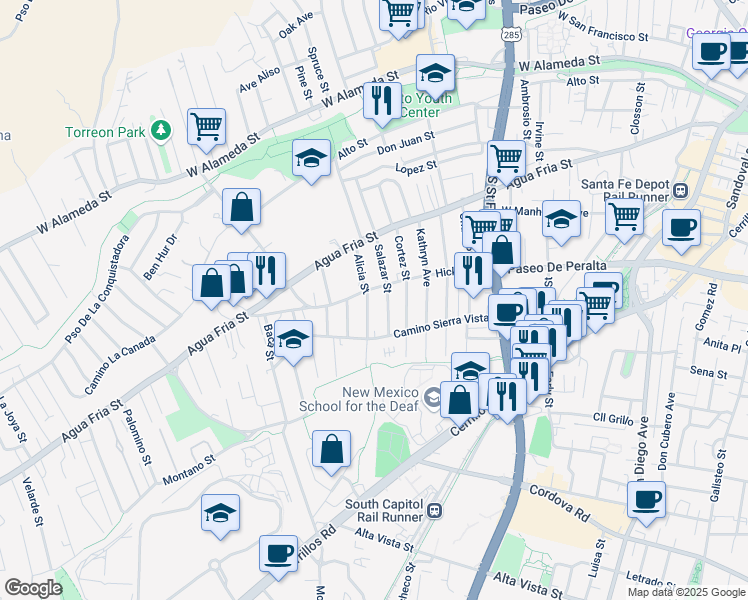 map of restaurants, bars, coffee shops, grocery stores, and more near 603 Alicia Street in Santa Fe