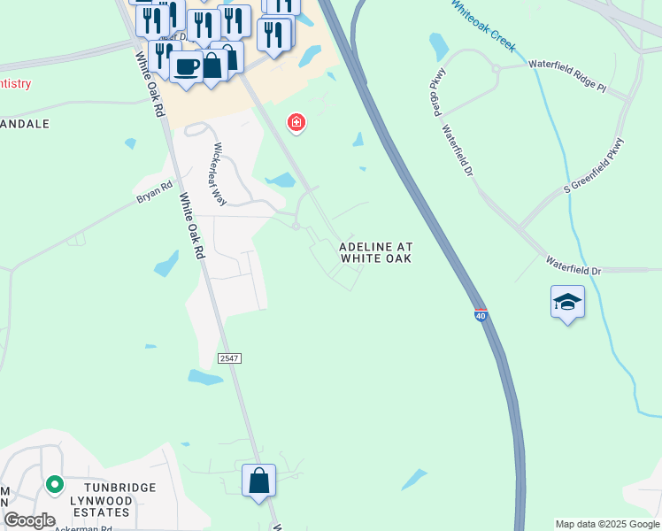 map of restaurants, bars, coffee shops, grocery stores, and more near 1700 Timber Drive East in Garner